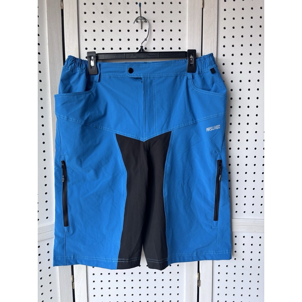 Arsuxeo Men's XL Cycling Mountain Biking Shorts Blue Black Zip Pockets Poly/Span
